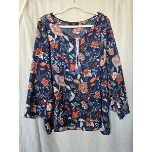 Womens 1X Navy, Rust Red,‎ Faux Embroidery Fall Floral Tunic Top